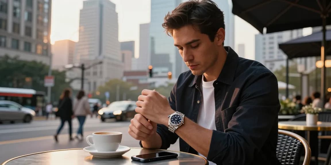 Stylish man showcasing a rolex super clone watch in an upscale urban café setting