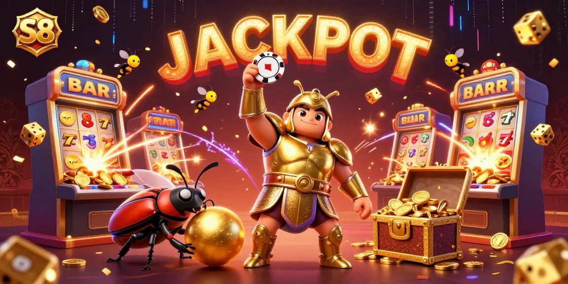 S8 features a victorious hercules beetle in golden armor, surrounded by casino elements and a jackpot celebration.