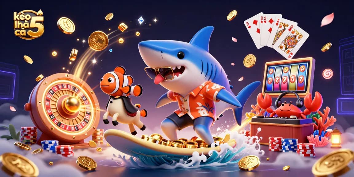 Engage with kèo nhà cái 5 through stunning visuals of a shark surfing on gold coins in a vibrant casino scene.