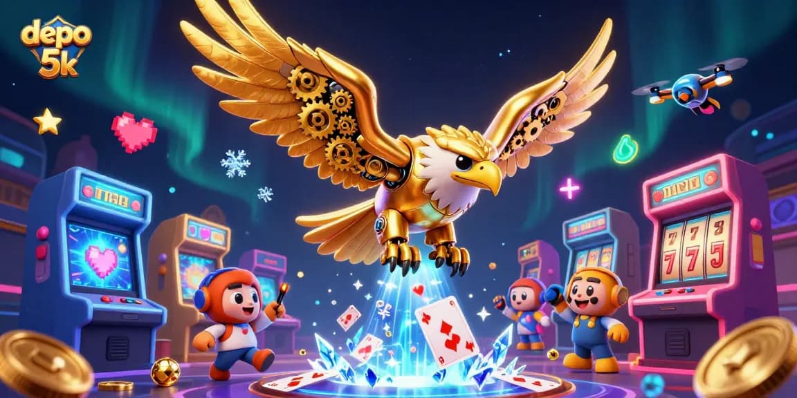Engage with the vibrant world of depo 5k slots featuring a 3D cybernetic eagle amidst holographic cards and colorful gaming elements.