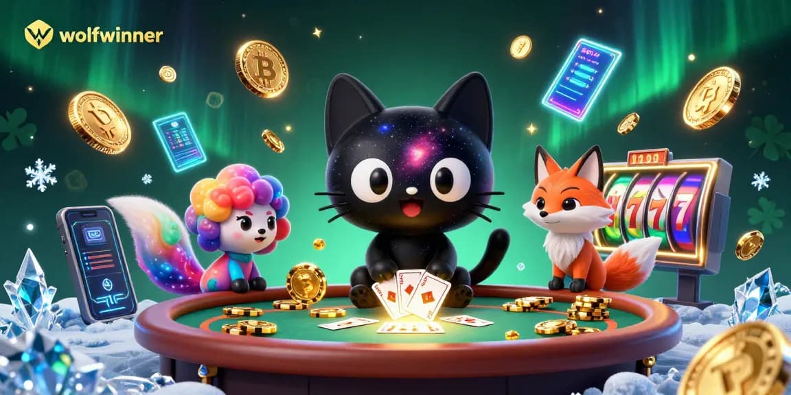 Experience wolfwinner at its cosmic casino, where a black hole cat collects chips amidst neon elements.