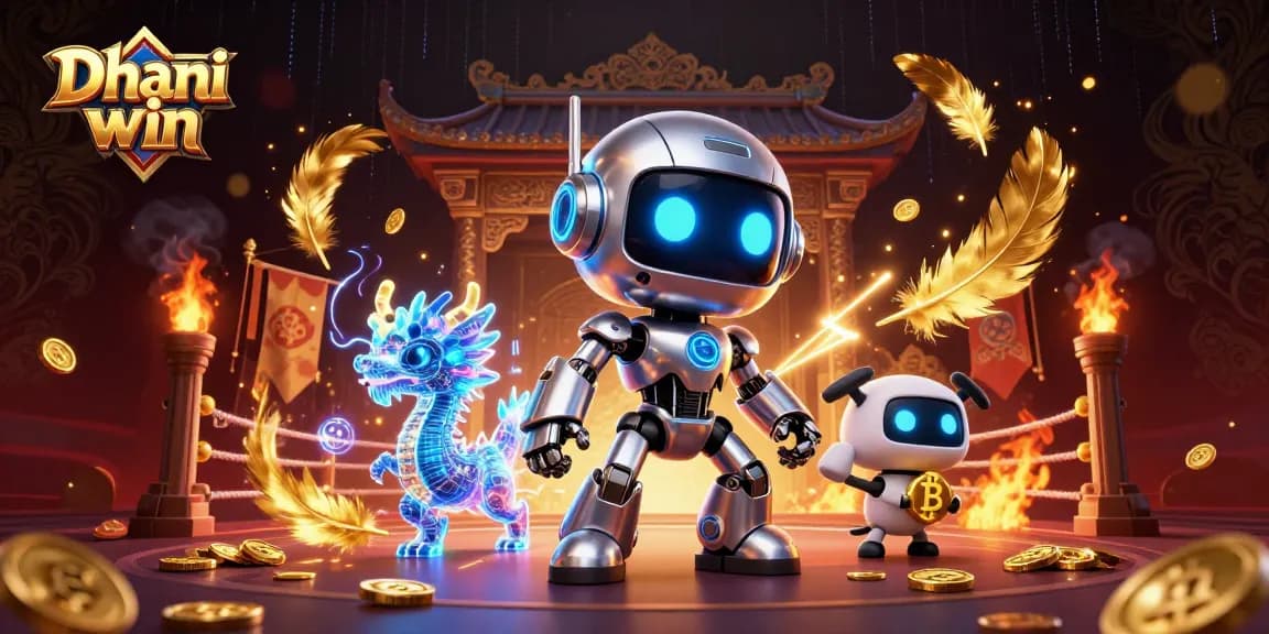 Dhani win platform features an engaging 3D scene with a cyberpunk robot and magical dragon.