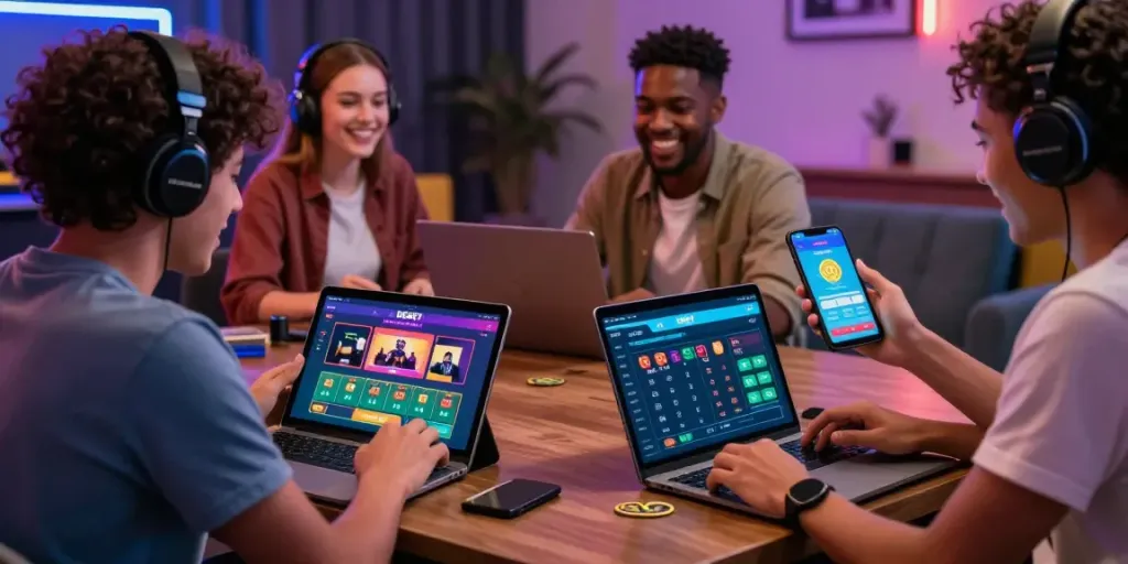 Enthusiastic friends engaging with DEBET.com gaming options on various devices, showcasing social entertainment.