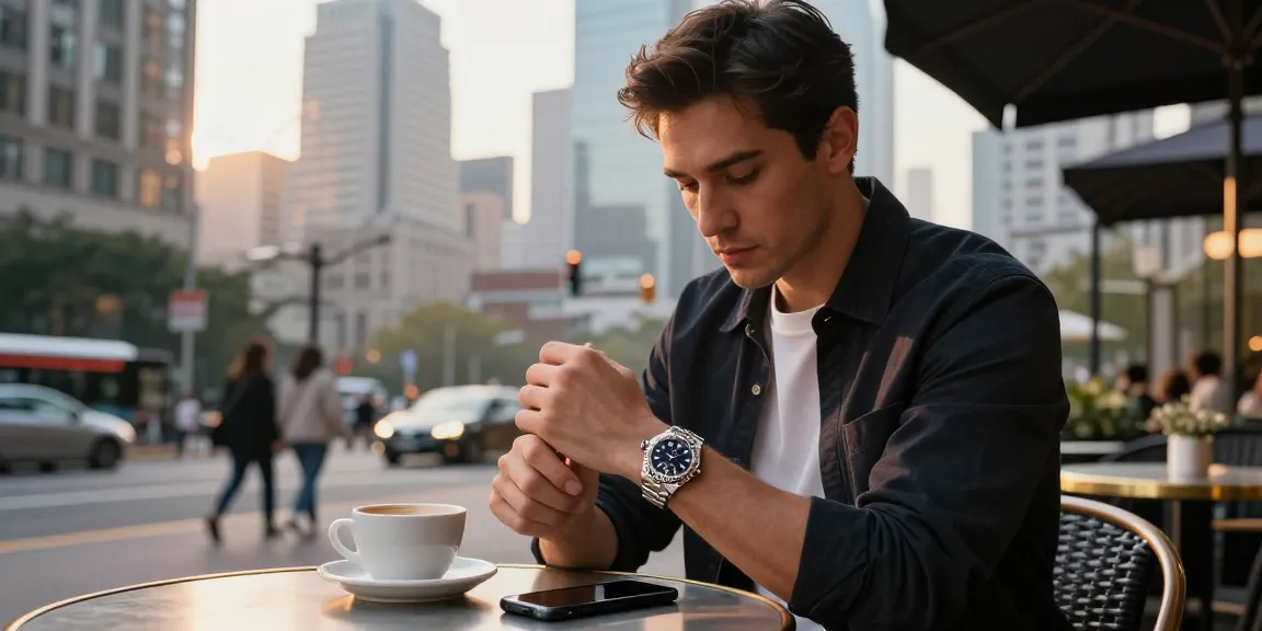 Stylish man showcasing a rolex super clone watch in an upscale urban café setting