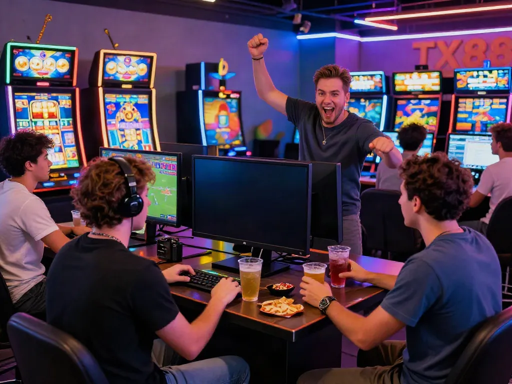 Engaged players at TX88 enjoying an online gaming experience with vibrant colors and a lively atmosphere.