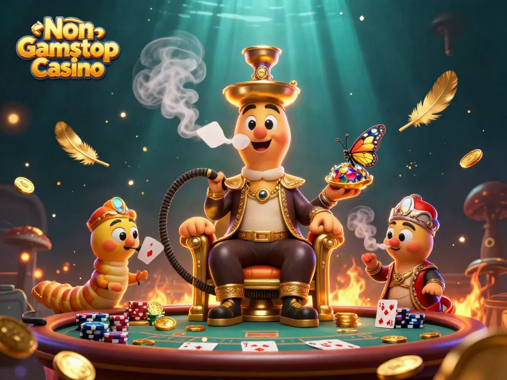 Engage at Non Gamstop Casino with a vibrant 3D scene featuring lively characters and poker elements.