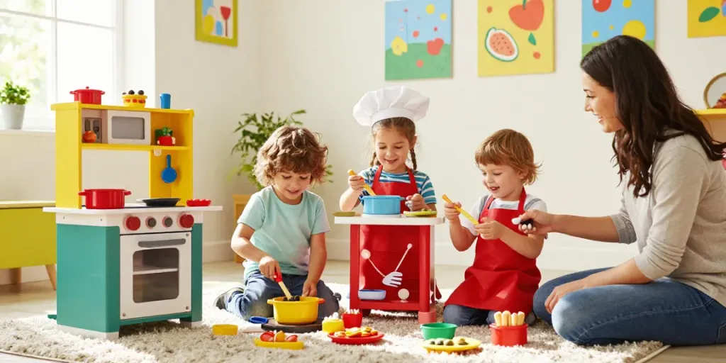 Engaged children playing creatively with a colourful play kitchen, filled with accessories for imaginative cooking.