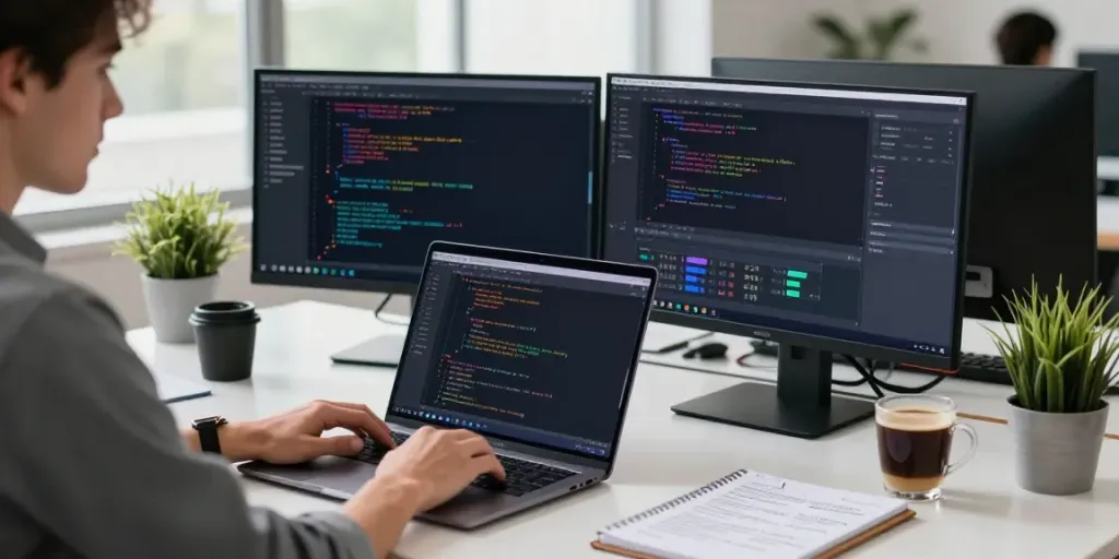 Developer using instant indexing tools in a modern tech workspace