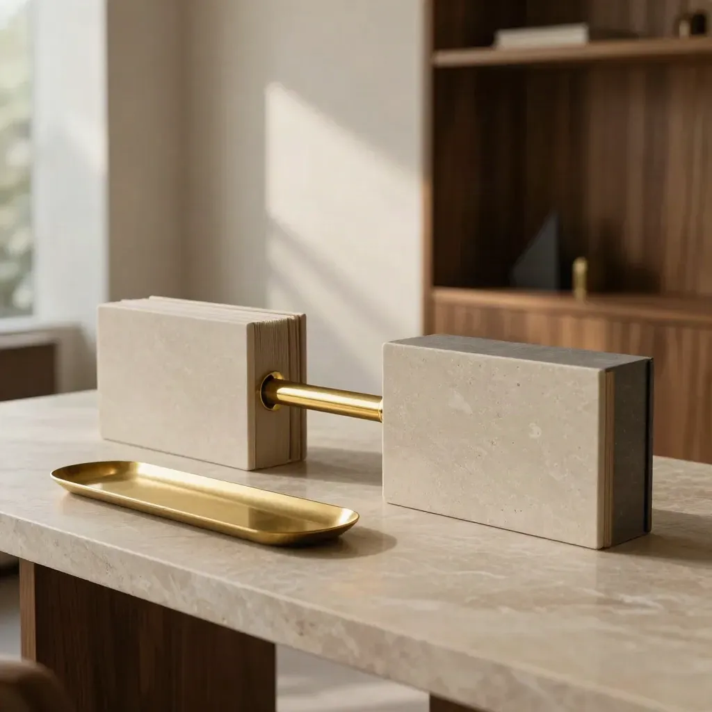 Brass-linked company blocks and closed folios on a limestone console in a private deal room