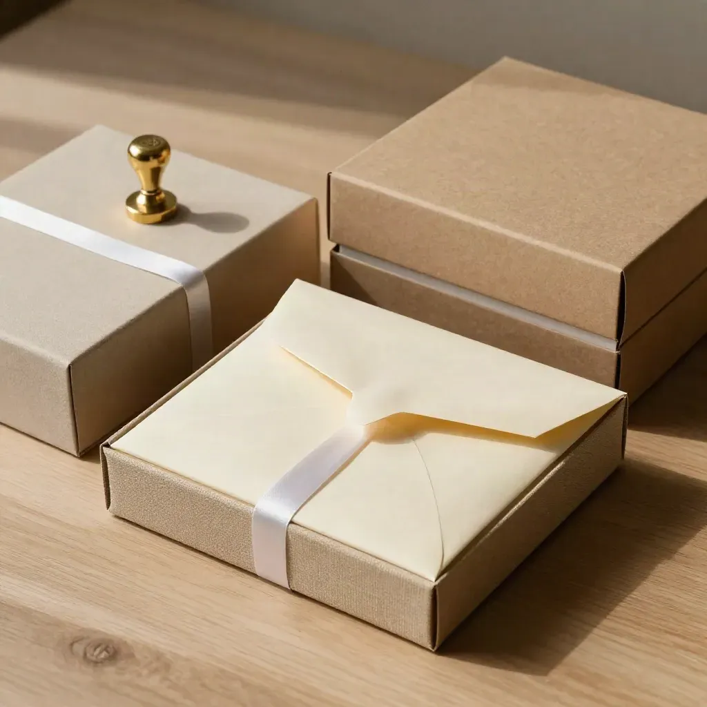 Sealed investor packs, courier envelope, brass stamp and presentation boxes on pale oak.