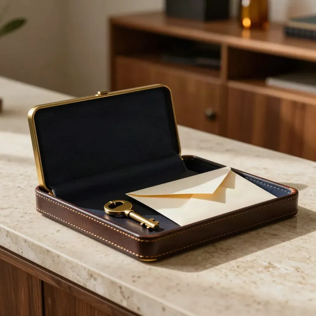Private placement cases, brass key and envelope sleeves in a travertine-lit leather tray
