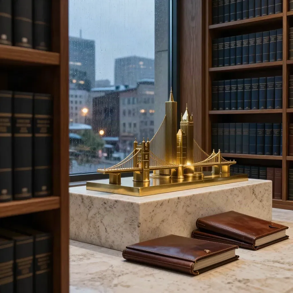 Walnut shelving, brass model, leather folios and rain-streaked glass in a blue-hour capital library.