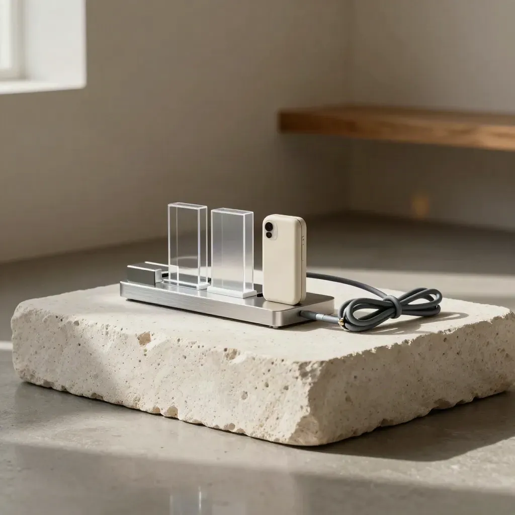 Startup prototype on a white stone plinth with charging modules, ready for shipping in warm studio light.