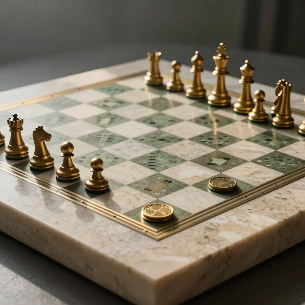 Brass sector tokens on pale stone in a chessboard matrix, lit cinematically.