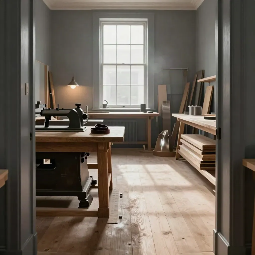 Immaculate heritage workshop with polished benches, off machinery, and a glowing lamp