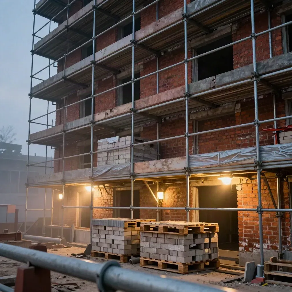 Floodlit scaffolding around a brick redevelopment site at dusk with dust in the air