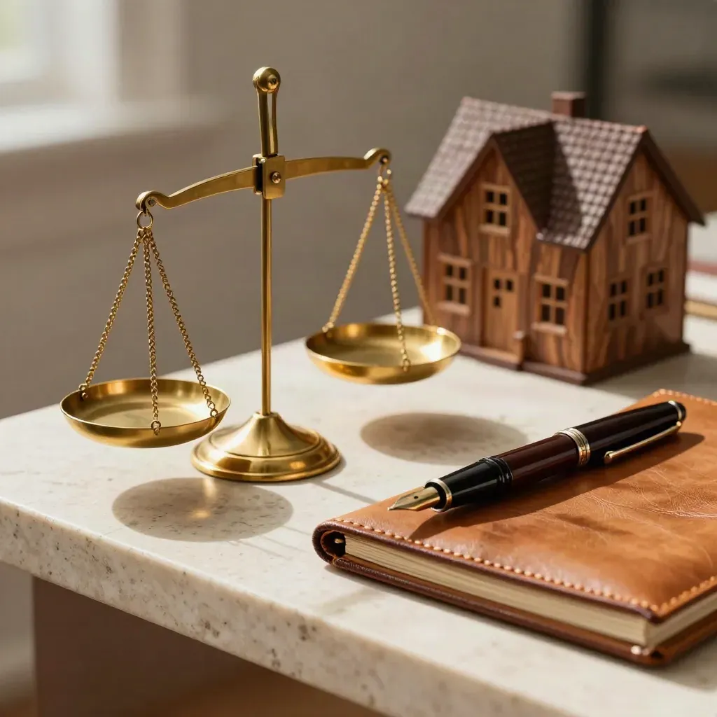 Brass scale, walnut house model and leather folio beside a fountain pen on travertine.