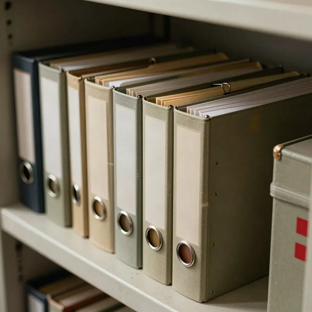 Archival sleeves, metal clips and a sealed evidence box on a stone shelf