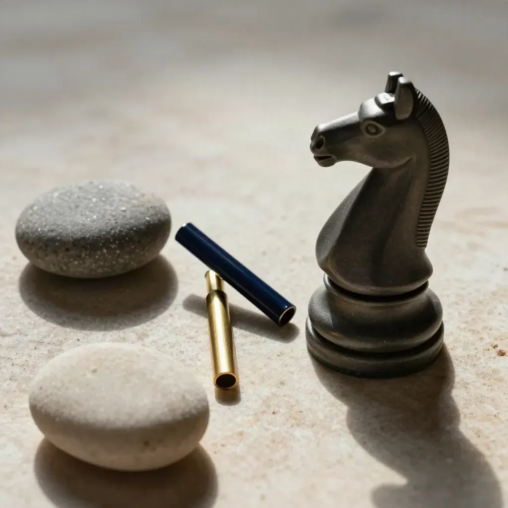 Overhead still life of stones, brass markers and a chess knight on pale stone.