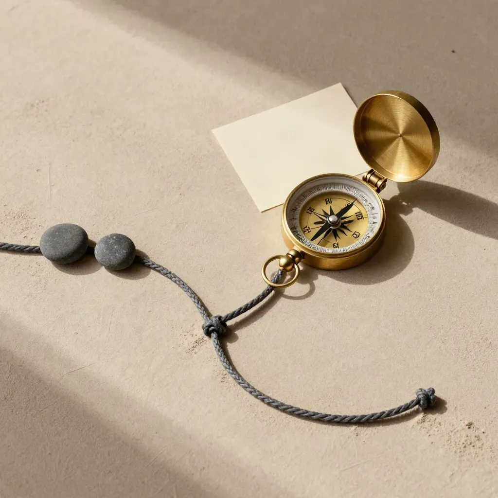 Brass compass and cord route on sand plaster with pebbles, top-down finance still life.