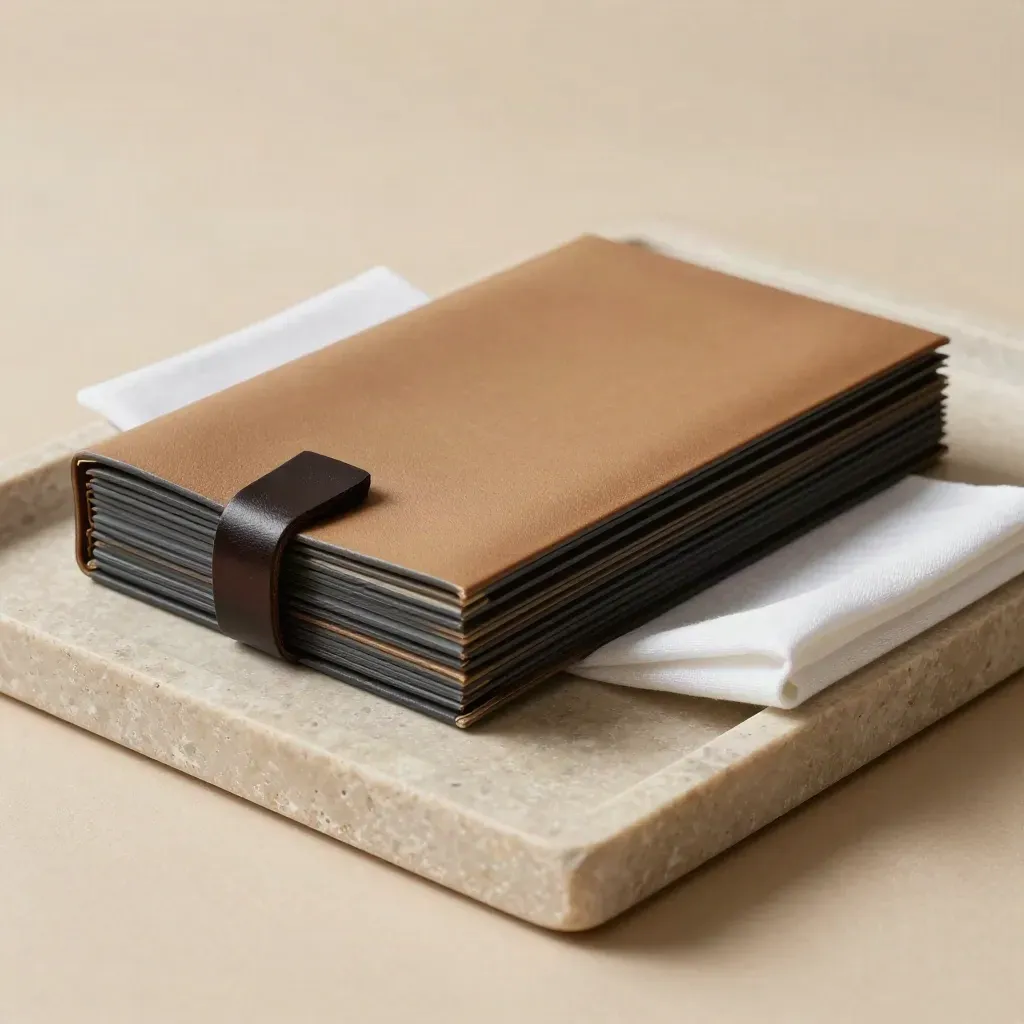 Archival sleeves, presentation box and leather tie stacked on a limestone tray
