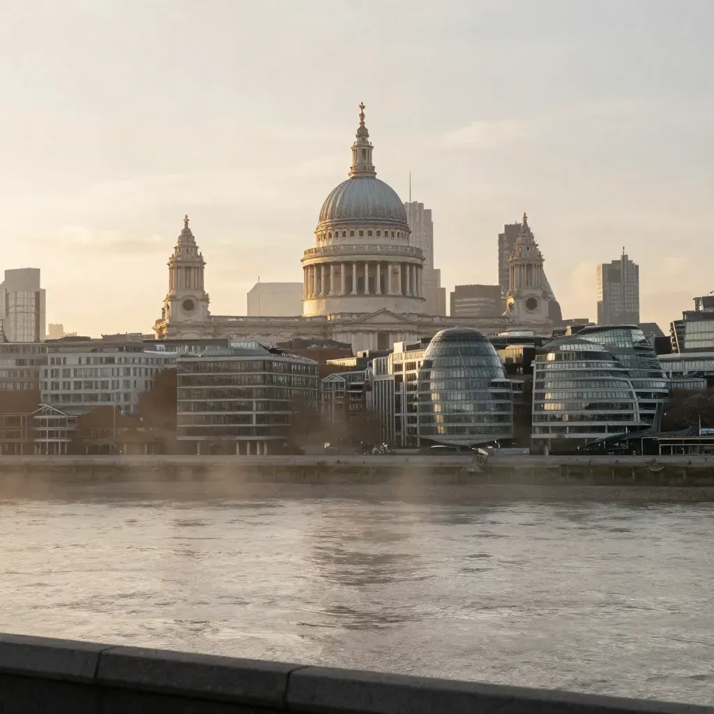 St Paul’s and the City skyline above a misty Thames at golden hour