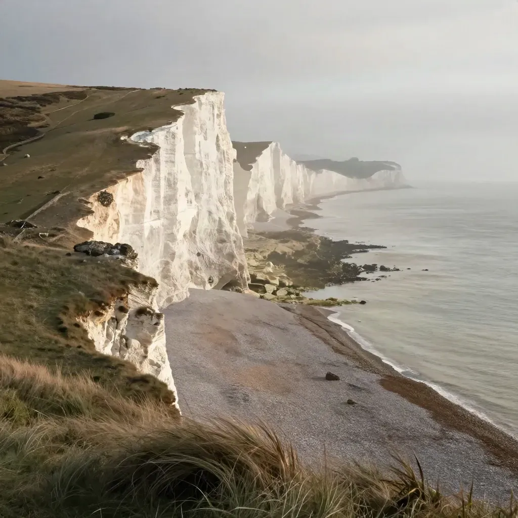 Chalk cliffs and misty South East coastline with open calm sea below
