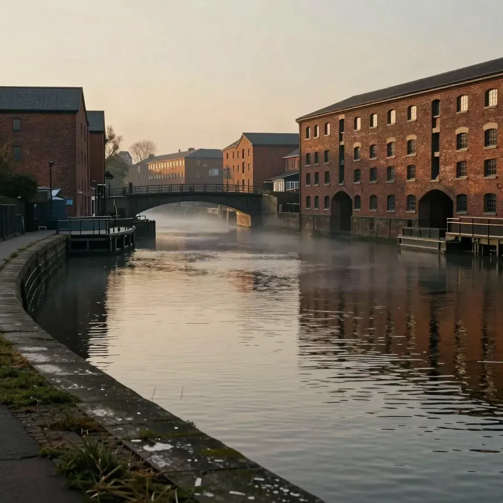 Hazy Midlands canal city with red-brick warehouses, bridge arches and calm reflective water.