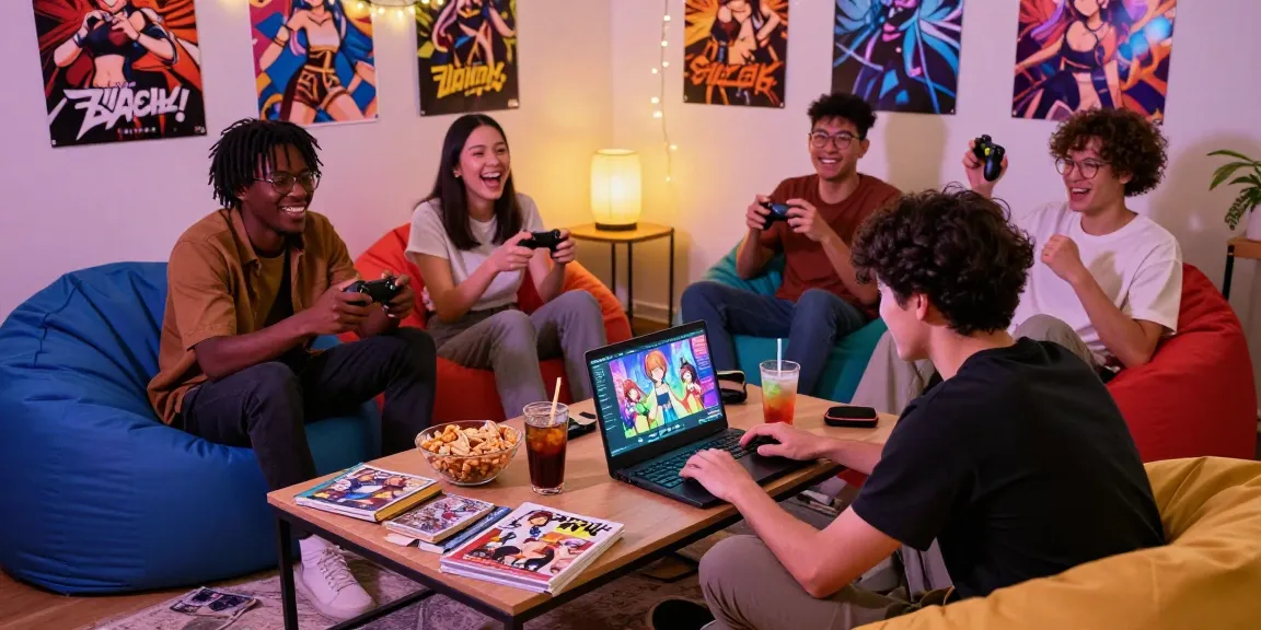 Young adults engaged in a lively hentai game session in a cozy living room with vibrant decor.