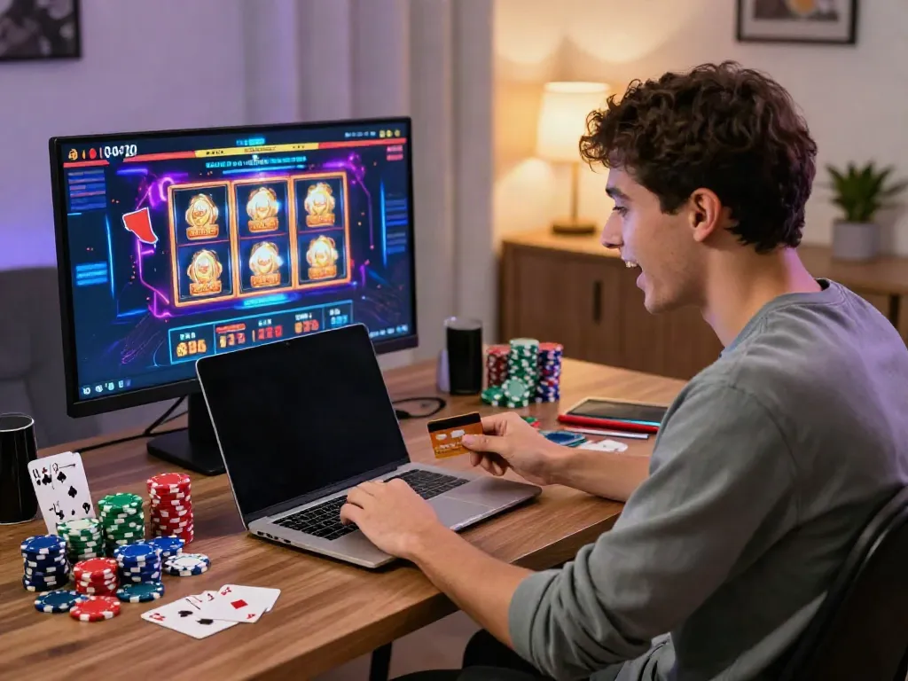 Player enjoying live dealer games at credit card casinos, laptop showing casino promotions.