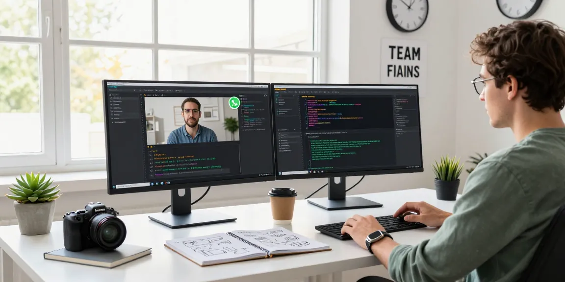 Engaged professional using WhatsApp下載 in a tech workspace, featuring dual monitors and a bright atmosphere.