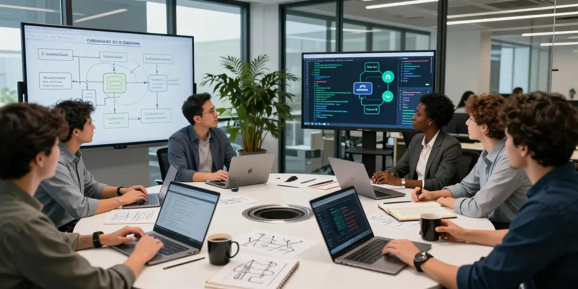 Team collaborating on agentic AI systems in a modern office, showcasing innovative tech development.