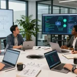 Team collaborating on agentic AI systems in a modern office, showcasing innovative tech development.