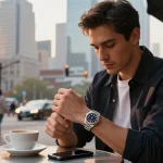 Stylish man showcasing a rolex super clone watch in an upscale urban café setting