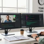 Engaged professional using WhatsApp下載 in a tech workspace, featuring dual monitors and a bright atmosphere.